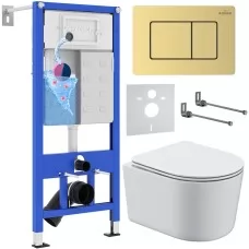 Унитаз с инсталляцией Roxen StounFix Dual Fresh 6 в 1 968480 с унитазом Simple Compact 530120-01 и клавишей смыва Steel 420280GB брашированное золото