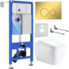 Унитаз с инсталляцией Roxen StounFix Dual Fresh 6 в 1 968513 с унитазом Martin 530220-02 и клавшей смыва Santi 410260G золото