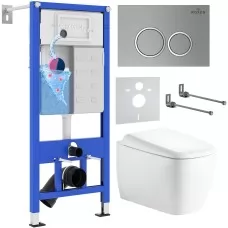 Унитаз с инсталляцией Roxen StounFix Dual Fresh 6 в 1 968510 с унитазом Martin 530220-02 и клавшей смыва Santi 410260M светло-серая