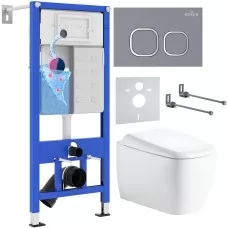 Унитаз с инсталляцией Roxen StounFix Dual Fresh 6 в 1 968519 с унитазом Martin 530220-02 и клавшей смыва Santi 410280DG серый бетон