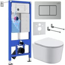 Унитаз с инсталляцией Roxen StounFix Dual Fresh 6 в 1 968486 с унитазом Simple Compact 530120-01 и клавшей смыва Steel 420280S сатин