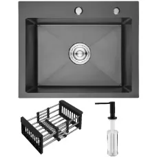 Кухонная мойка Schtoff Best Black 6050, коландер KR-1 BLACK, дозатор SD-1 BLACK, комплект 