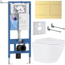 Унитаз с инсталляцией Roxen StounFix Dual Fresh 868638 с Antares 530185-01 и клавишей Velar 420300GB золото брашированное