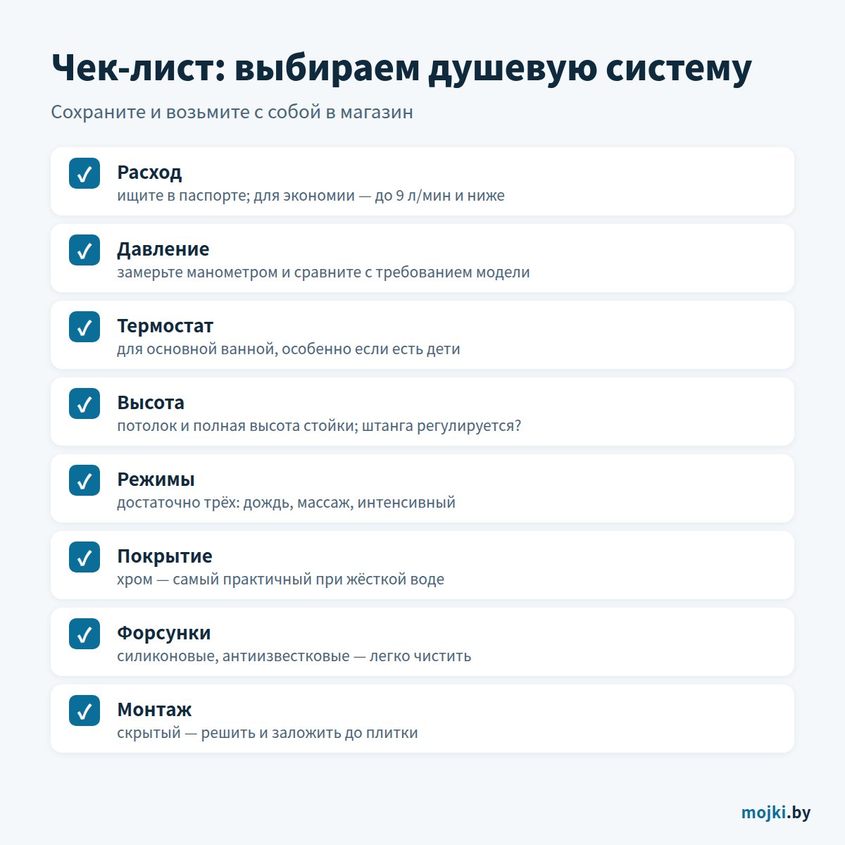 Чек-лист выбора душевой системы: расход, давление, термостат, покрытие