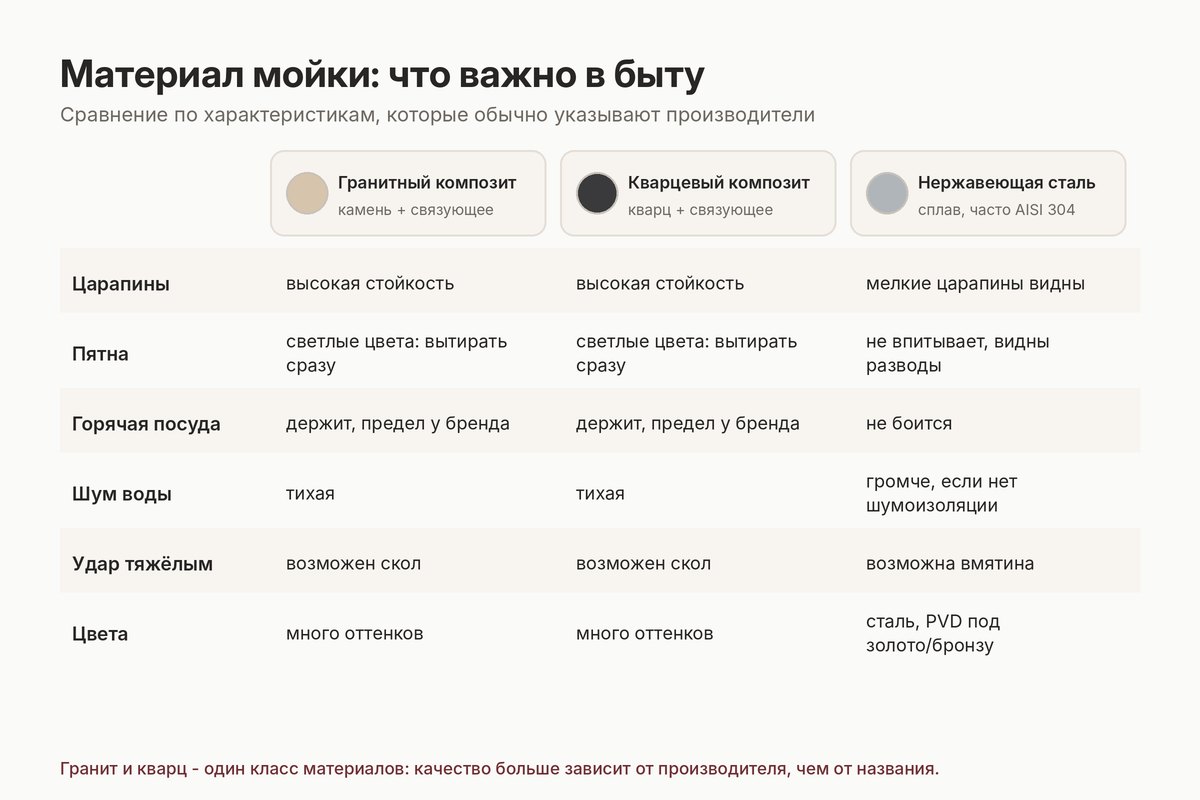 Гранитная, кварцевая или стальная мойка: сравнение Сравнение материалов кухонных моек: гранитный композит, кварцевый композит и нержавеющая сталь